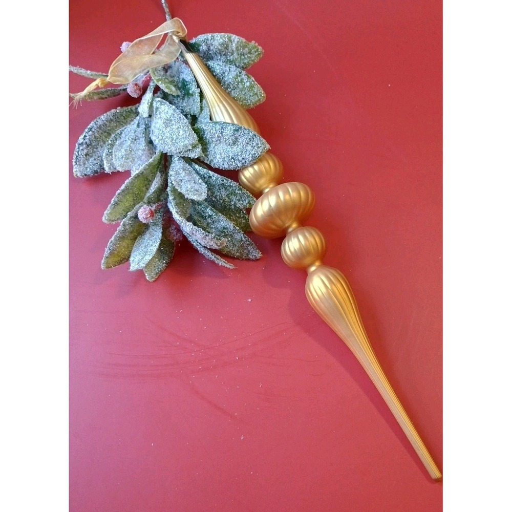 Frontgate Hand Blown Glass Finial Shaped Long Brushed Gold Christmas Ornament‎